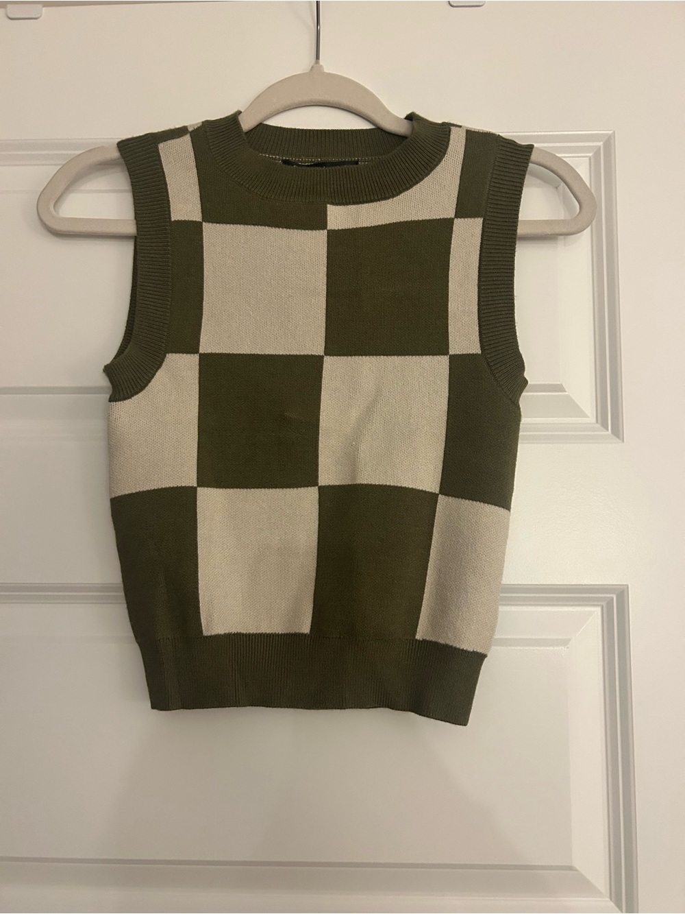 Say What? Olive and Cream Checker Knit Sleeveless Sweater Vest